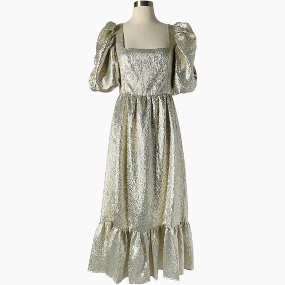 Loeffler Randall Elisa Puff Sleeve Gold Midi Evening Dress Size 4 - Picture 3 of 10